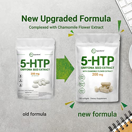 Micro Ingredients 5-HTP 200mg with Chamomile Flower Extract, 180 Capsules, 2 in 1 Formula Micro IngredientsAu supplements