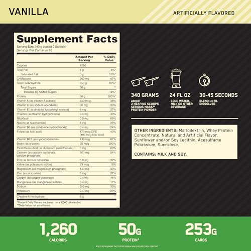 Optimum Nutrition Serious Mass Weight Gainer Protein Powder Vitamin C Zinc and Vitamin Optimum NutritionUS supplements