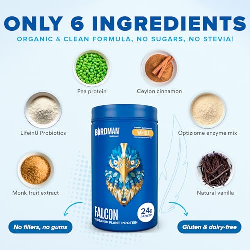 BIRDMAN Falcon Organic Vegan Protein Powder Vanilla, 24g Protein, Sugar Free, Probiotics BIRDMANUS supplements