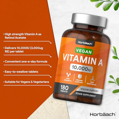 Vitamin A Tablets 10000iu | 180 Count | High Strength Vitamin A as Retinol Acetate HorbäachUS supplements