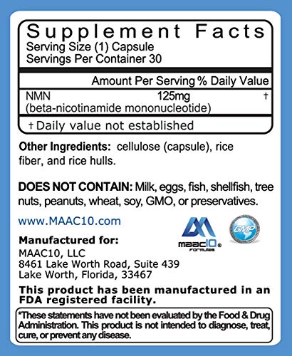 MAAC10 NMN Supplement Real Nicotinamide Mononucleotide (NMN 125mg Capsules). The Most Powerful NAD+ Precursor More Stable Than Riboside. We use 99% Pure Pharmaceutical Grade Stabilized NMN (30 Count) MAAC10Au supplements