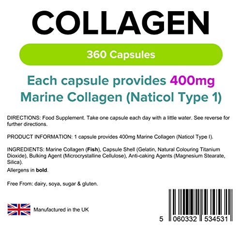 Lindens Collagen (Marine) 400mg Capsules 360 Pack - UK Manufacturer, Letterbox Friendly LindensAu supplements