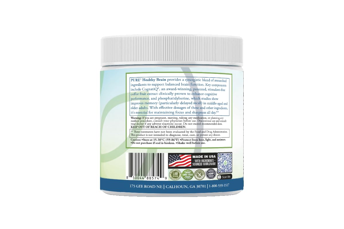 PURE® Healthy Brain Nootropic Powder - 30 Servings - 1.25g Lion’s Mane, 600mg Alpha-GPC & KSM-66® Ashwagandha - Cognitive Support for Memory, Focus & Stress Relief - 147 Grams, Strawberry Flavor! PUREAu supplements