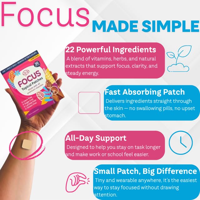 Swift Patch Focus Patch for Adults (30 Day Supply) + Proprietary Blend (Men and Women) - Help Kids and Adults Focus with Patches 22 Ingredients with Proprietary Formula Ultimate Swift PatchUS supplements