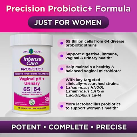 Vital Planet - Intense Care Vaginal pH & Urinary Probiotics for Women Plus Organic Prebiotics, Postbiotics, and Parabiotics, 65 Billion CFU and 64 Strains, Immune and Digestive Health 30 ct Vital PlanetAu supplements