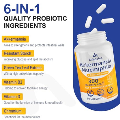 300 Billion AFU Akkermansia Muciniphila - Live Akkermansia Probiotics for Women & Men LifeatlasUS supplements