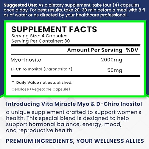 Inositol Supplement Myo-Inositol & D-Chiro Inositol 120 Capsules 2000mg 40:1 Ratio High Vita MiracleAu supplements