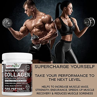 Pure Hydrolysed Collagen Powder 10000mg Bovine Type 1 & 3 Unflavoured|High Strength Protein Peptides for Women & Men NUTRABYTESUS supplements