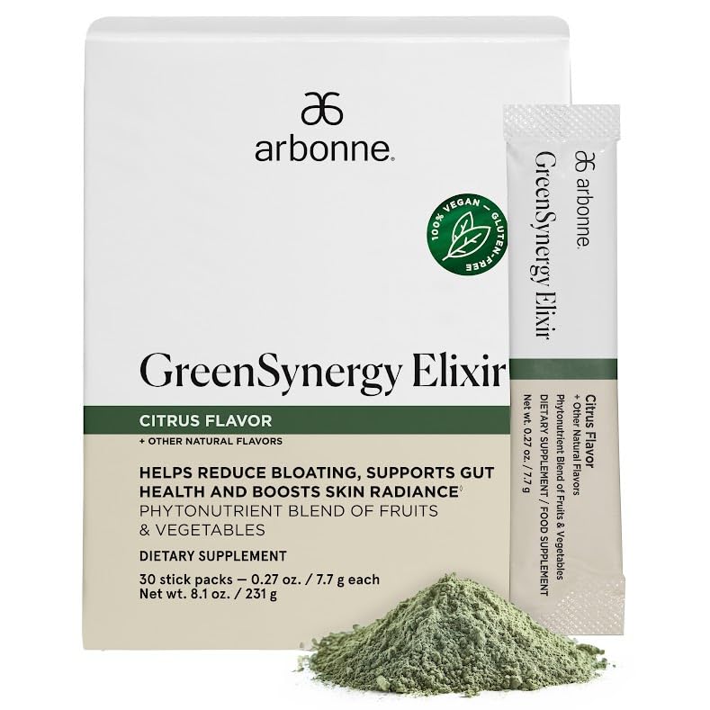 Arbonne GreenSynergy Elixir – Citrus-Flavored Greens Powder with 13 Digestive Enzymes, Vegan Collagen Builder, Probiotics, and Prebiotics – Supports Gut Health and Digestion – 30 Stick Packs ArbonneAu supplements