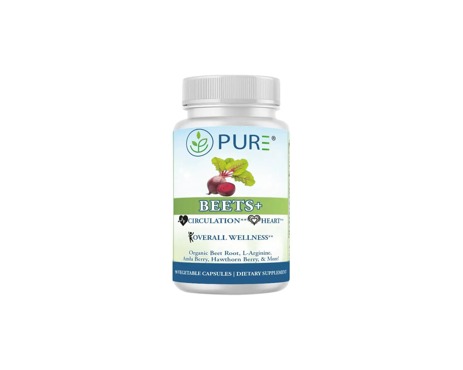 PURE® Beets+ Organic Beet Root Capsules - 900mg - 90 Count, 30 Servings - Blood Pressure & Circulation Support Supplement - with L-Arginine, Hawthorn Berry & B12 - Cardiovascular Health - Made in USA PUREAu supplements