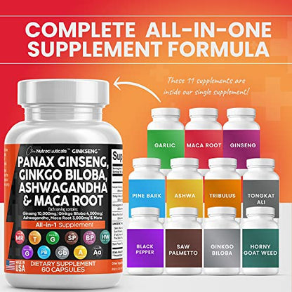 Panax Ginseng 10000mg Ginkgo Biloba 4000mg Ashwagandha Maca Root Clean NutraceuticalsUS supplements