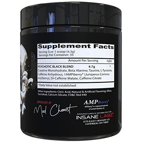 Insane Labz Psychotic Black Edition Mid Stimulant Pre Workout Powder, Energy Focus Insane LabzUS supplements