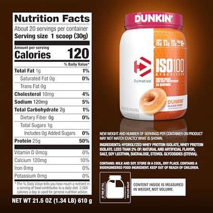 Dymatize ISO100 Hydrolyzed Protein Powder, 100% Whey Isolate, Dunkin' Glazed Donut DymatizeUS supplements