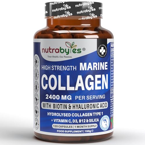 High Strength Marine Collagen 2400mg with Hyaluronic Acid 100mg, Biotin, Vitamin C, D3, B12 and Silica NUTRABYTESUS supplements