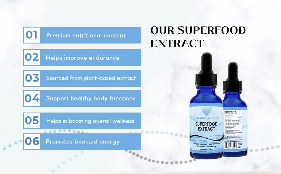Absonutrix Superfood Extract 390 mg, 4 Oz Liquid, 302 Servings, Made in USA, Quick Absorption, Quality Potent Ingredients, Non-GMO, GMP Certified, Cruelty-Free Products Absonutrixnz supplements