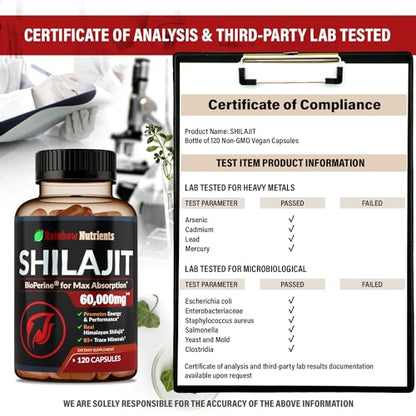 Pure Himalayan Shilajit Capsules Supplement (60,000mg+ Absorption Enhancer+50% Rainbow Nutrients, LLCUS supplements