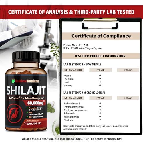 Pure Himalayan Shilajit Capsules Supplement (60,000mg+ Absorption Enhancer+50% Rainbow Nutrients, LLCUS supplements