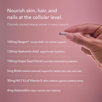 TRU NIAGEN 300mg + Beauty Bundle. A Comprehensive Bundle for Daily NAD+ Support with targeted Beauty Actives for Healthy Skin, Hair, and Nails at The Cellular Level. TRU NIAGENUS supplements