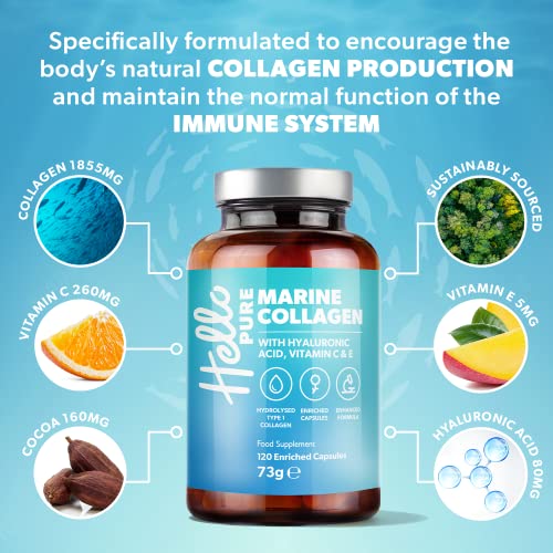 Marine Collagen Capsules - 1855mg - 120 Capsules - Enriched with Hyaluronic Acid & Vitamins C & E Hello PureUS supplements