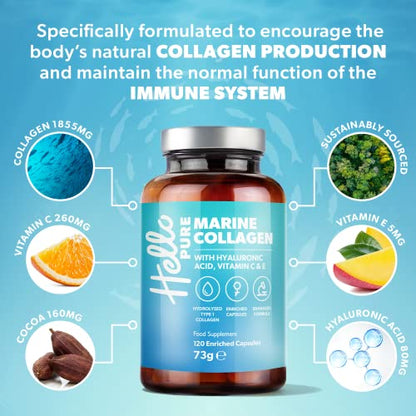 Marine Collagen Capsules - 1855mg - 120 Capsules - Enriched with Hyaluronic Acid & Vitamins C & E Hello PureUS supplements