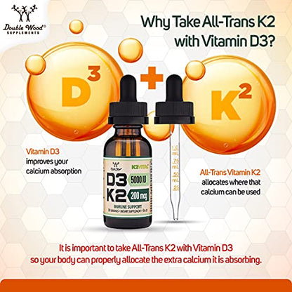 Vitamin D3 K2 5,000 IU Liquid Drops (5,000 IU of D3 and 200mcg of 99.9% All-Trans Double Wood SupplementsUS supplements