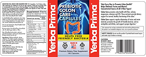 Yerba Prima Prebiotics Colon Care Fiber Caps, 180 Capsules - Five Forms of Fiber Plus FOS Yerba PrimaAu supplements