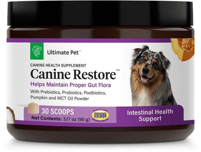 Ultimate Pet Nutrition Canine Restore, Gut Health Supplement with Prebiotics, Probiotics, & Postbiotics for Digestive Health & Immunity Support, Vet Formulated Powder Food Topper ULTIMATE PET NUTRITIONAu supplements