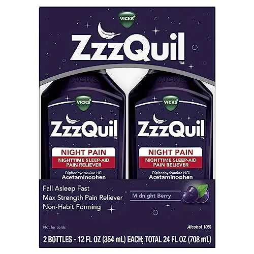 ZzzQuil Liquid, Max Strength Pain Reliever, Nighttime Sleep Aid Liquid, Acetaminophen 1000mg, Diphenhydramine 50mg HCI, Non-Habit Forming, Midnight Berry Flavored, 2 Pack, 24 FL OZ ZzzQuilAu supplements