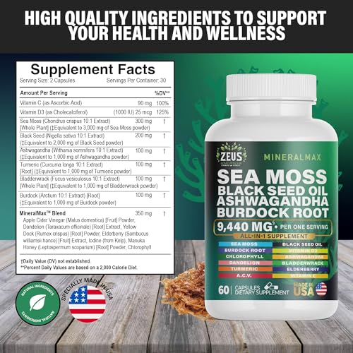 Sea Moss Capsules with Black Seed Oil, Burdock Root, Bladderwrack, Turmeric, Ashwagan Zeus NaturalsUS supplements