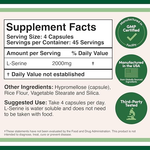 L-Serine Capsules (Third Party Tested) - 2,000mg Servings Used in Clinical Study, 180 Count, 500mg per Capsule (L Serine Amino Acid for Serotonin Production and Brain Support) by Double Wood Double Wood SupplementsAu supplements