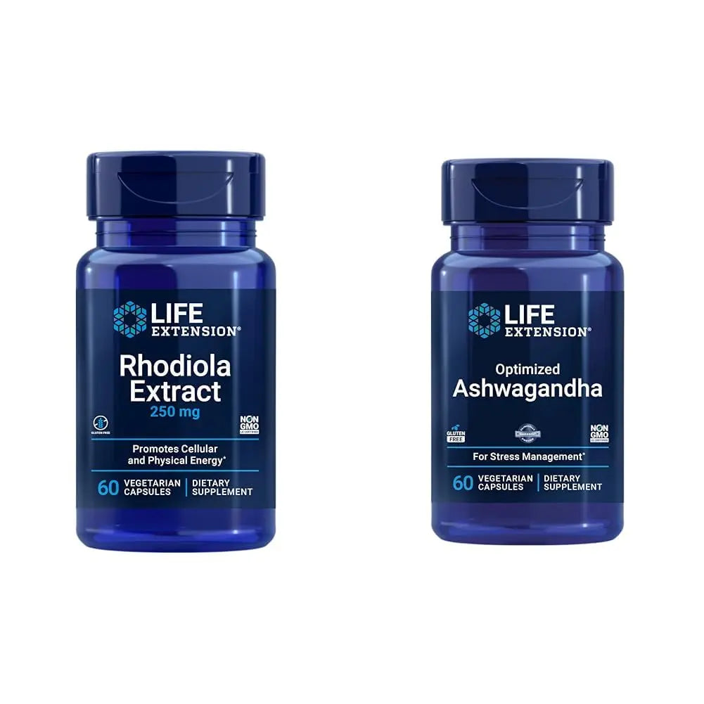 Life Extension Rhodiola and Ashwagandha Extract Bundle, Rhodiola rosea and ashwagandha Supplements, 60 Capsules Each Life Extensionnz supplements
