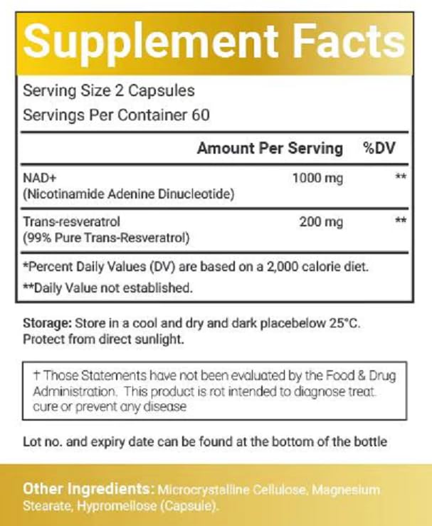 VitaCosmoX NAD+ Supplement 1,200mg per Serving,120 Capsules (Nicotinamide Adenine Dinucleotide) - 60 Servings, Gluten-Free, Vegan VitaCosmoXAu supplements