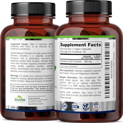 Zazzee Extra Strength Citicoline CDP Choline, 500 mg per Serving, 100 Vegan Capsules ZazzeeUS supplements