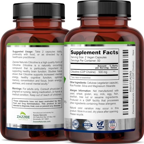 Zazzee Extra Strength Citicoline CDP Choline, 500 mg per Serving, 100 Vegan Capsules ZazzeeUS supplements