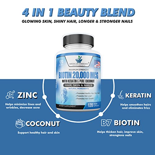 Biotin 20,000mcg with Keratin, Organic Coconut and Zinc, Hair Growth Supplements, Biotin American Standard SupplementsUS supplements