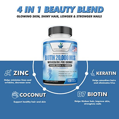 Biotin 20,000mcg with Keratin, Organic Coconut and Zinc, Hair Growth Supplements, Biotin American Standard SupplementsUS supplements