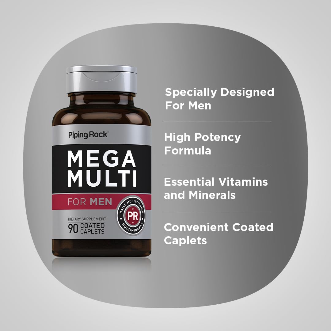 Piping Rock Men's Multivitamin | 90 Caplets | Mega Vitamin and Mineral Complex | Daily Support Supplement | with Vitamin C, D, Magnesium, Zinc | Non-GMO, Gluten Free Piping RockAu supplements