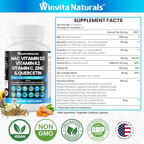 NAC Supplement N-Acetyl Cysteine 1000mg Vitamin C Vitamin D3 K2, Zinc, Turmeric Curcumin Winvita NaturalsUS supplements
