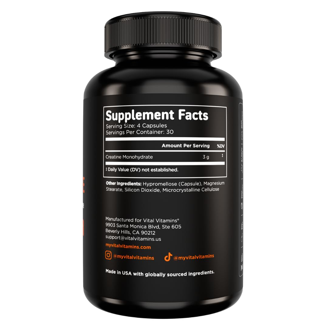Vital Vitamins Creatine Monohydrate Pills for Women & Men - Micronized Creatine Capsules - Cognitive, Strength, Recovery Support - 3g (3000mg) per Serving - Vegan, Non-GMO, 120 Count Vital VitaminsAu supplements