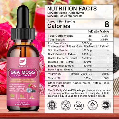 3000mg Sea Moss Liquid Drops - Organic Black Seed Oil & Irish Sea Moss B BEWORTHSUS supplements