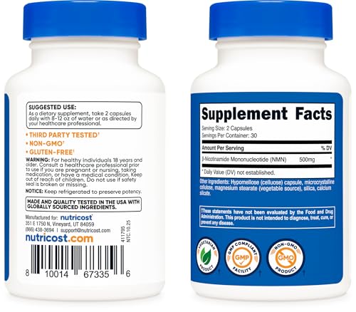Nutricost NMN (Nicotinamide Mononucleotide) 500mg, 60 Capsules - Vegetarian Friendly, 30 Servings, Gluten Free, GMO Free NutricostAu supplements