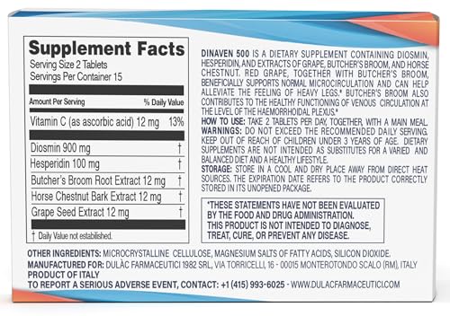 Dulac Dinaven 500, Micronized Diosmin Hesperidin Dietary Supplement 1000mg per serving, Horse Chestnut Extract, Butcher’s Broom & Red Grape Extract, Leg Circulation Support, 30 Tablets, Made in Italy DULÀC FARMACEUTICI 1982Au supplements