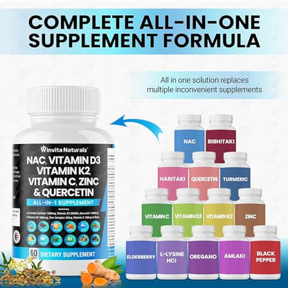 NAC Supplement N-Acetyl Cysteine 1000mg Vitamin C Vitamin D3 K2, Zinc, Turmeric Curcumin Winvita NaturalsUS supplements