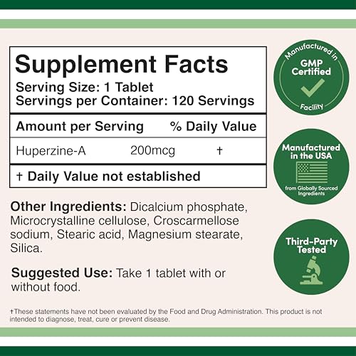Huperzine A 200mcg (Third Party Tested) 120 Tablets, Brain Supplement to Promote Acetylcholine (Acetylcholinesterase Inhibitor) - Supports Memory and Focus by Double Wood Double Wood SupplementsAu supplements