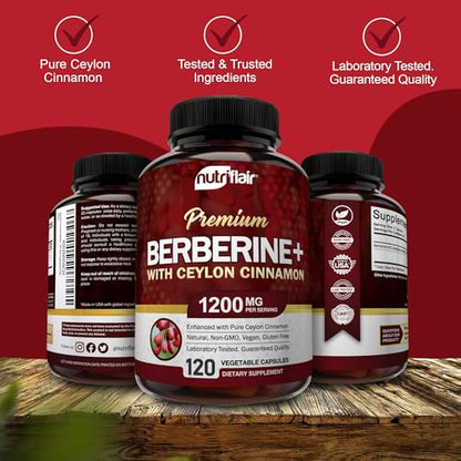 NutriFlair Premium Berberine HCL 1200mg, 120 Capsules - Plus Pure True Ceylon Cinnamon NutriFlairUS supplements