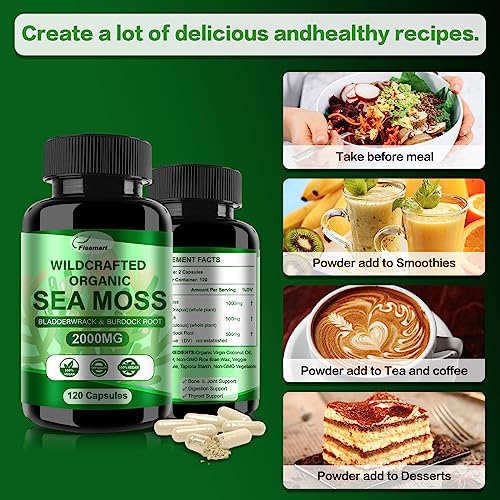 Fleamart 2 Pack Irish Sea Moss Capsules 120ct Raw Organic Sea Moss Wildcrafted Bladder FleamartUS supplements