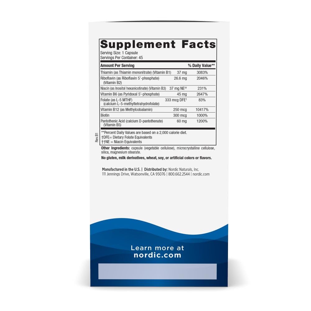Nordic Naturals Vitamin B Complex - 45 Capsules Thiamine, Riboflavin, Niacin, B6 & B12, Folate, Biotin, Pantothenic Acid Heart Brain Health, Energy, Metabolism Non-GMO Servings Nordic NaturalsAu supplements