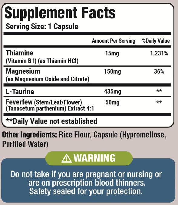 Basic Vigor Migrastil Migraine Support Capsules. Feverfew, Magnesium, Taurine & Vitamin B1 for Migraines Natural Supplement. Made in The USA. Vegan and Gluten Free. Basic VigorAu supplements