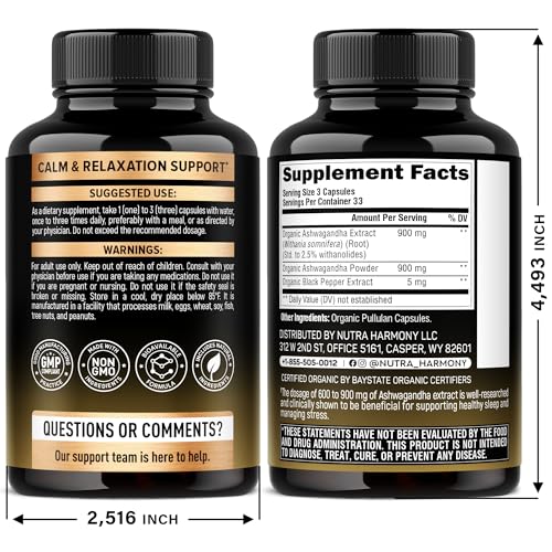 Ashwagandha Supplements 1800mg - USDA Organic Ashwagandha for Women & Men - Clinically Effective Strength for Stress Relief & Sleep - Powder & Root Extract 2.5% Withanolides - Made in USA 100 Capsules NUTRAHARMONYAu supplements