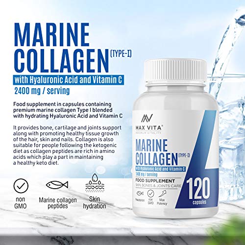 Marine Collagen Type 1 2400mg - 120 Capsules Supplement with Hyaluronic Acid and Vitamin C MAX VITA MAXIMUM VITALITYUS supplements